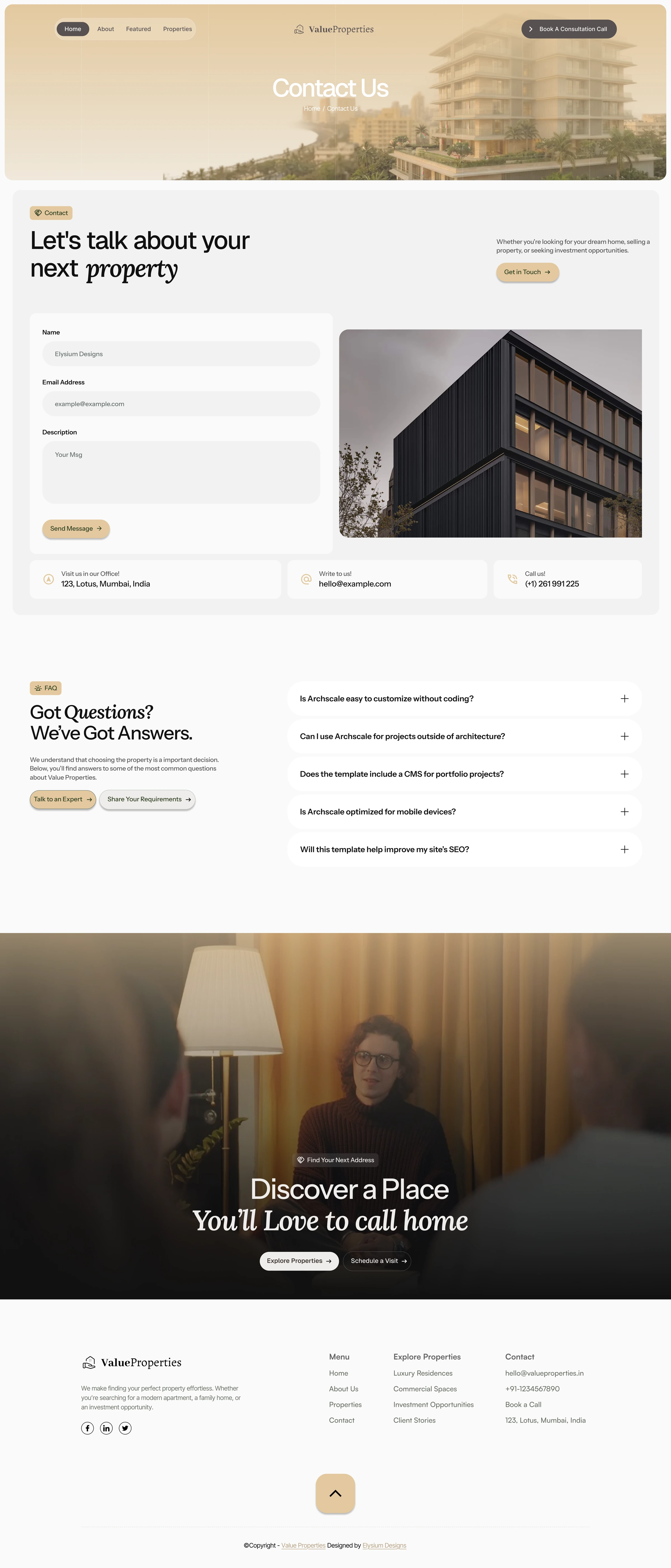 Value Properties contact page design